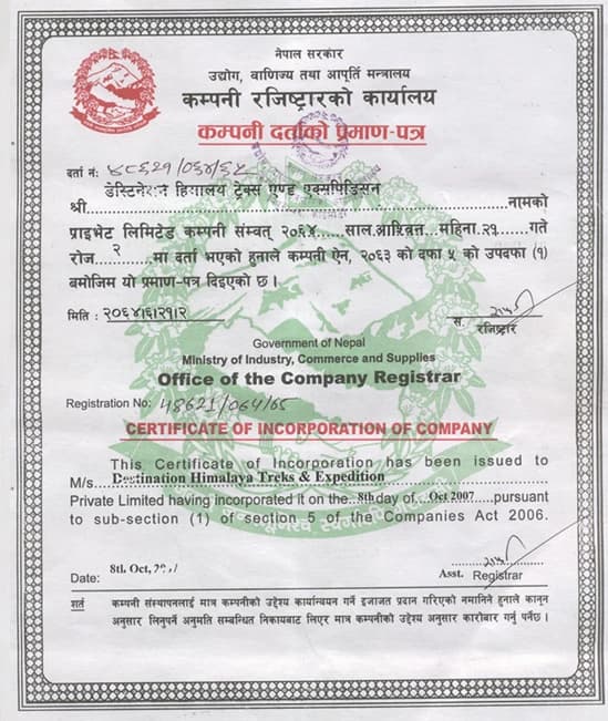 Certificate of Incorporation of Company
