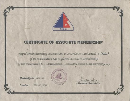 Certificate of NMA