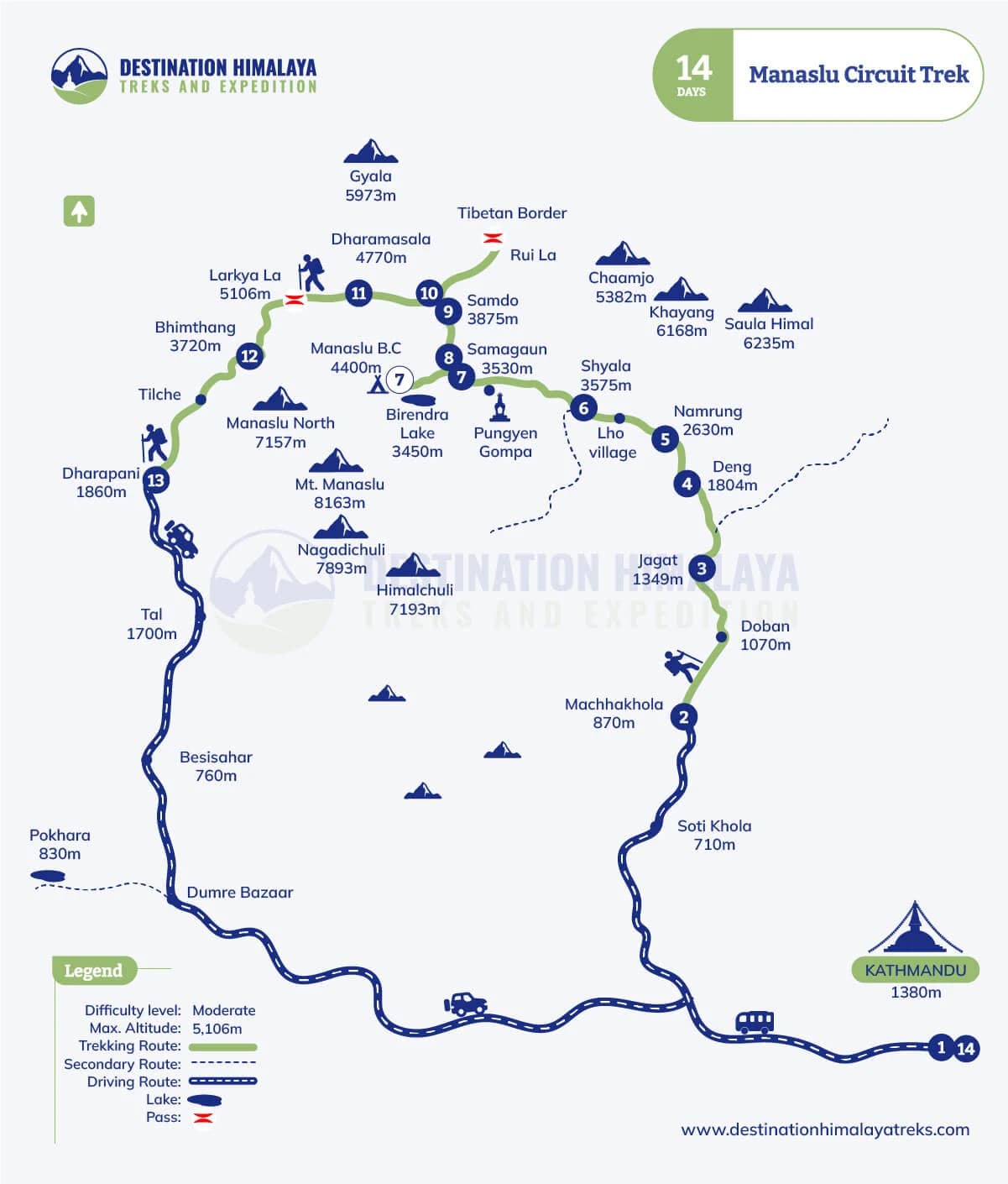 manaslu circuit trek route map